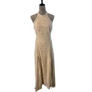 Maxi Halter Dress Geometric Pattern Crochet Details Bohemian Prom Glam SZ L